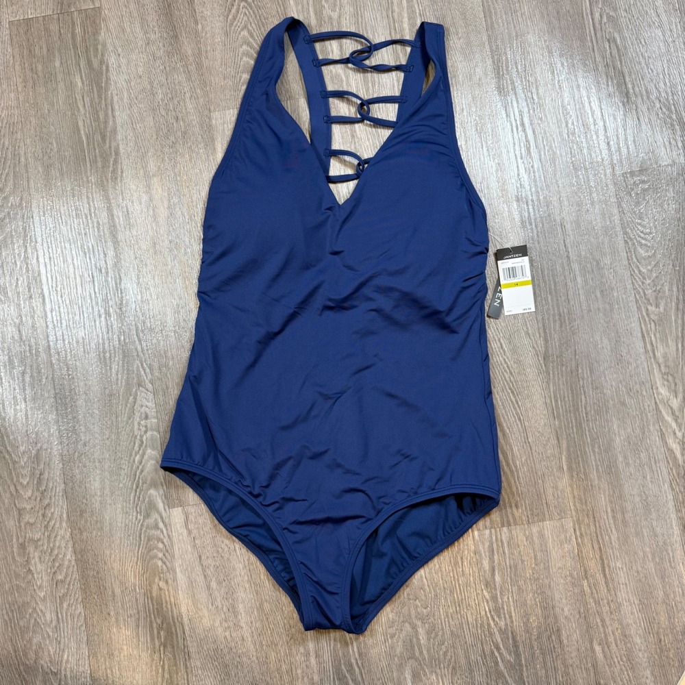 Jantzen Pantheon Blue One Piece Swimsuit Criss Cross Back Women's‎ Size 14